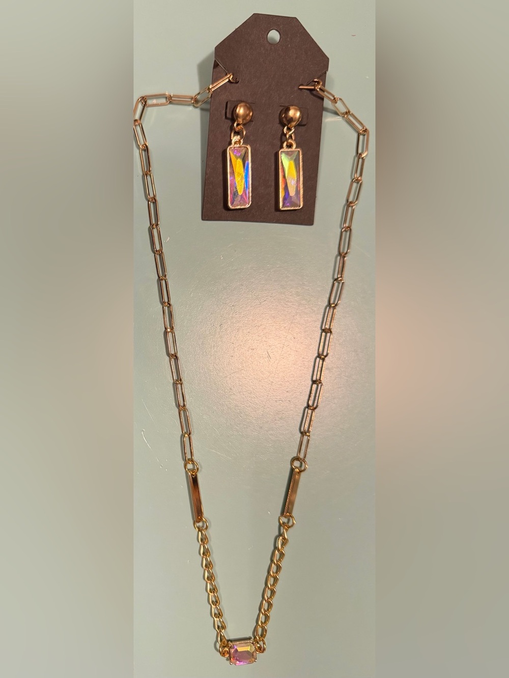 Gold-Tone Mixed Linked Chain Necklace with Iridescent Bar- Matching Bar Earrings